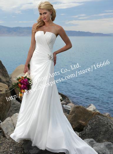 MG634 Formal Strapless White Chiffon Sheath Casual Beach Wedding Dresses 
