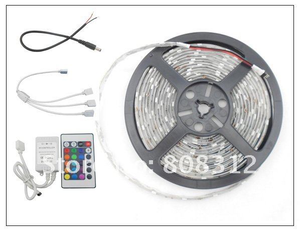 Free Shipping 10M 5050 RGB waterproof Flexible Strip tape 30led/Meter + IR 24 key controller + 1 to 3 rgb connector + DC cable