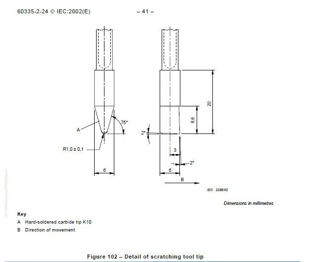 IEC60335-2-24 Figure 102 hardened steel scratch test probe