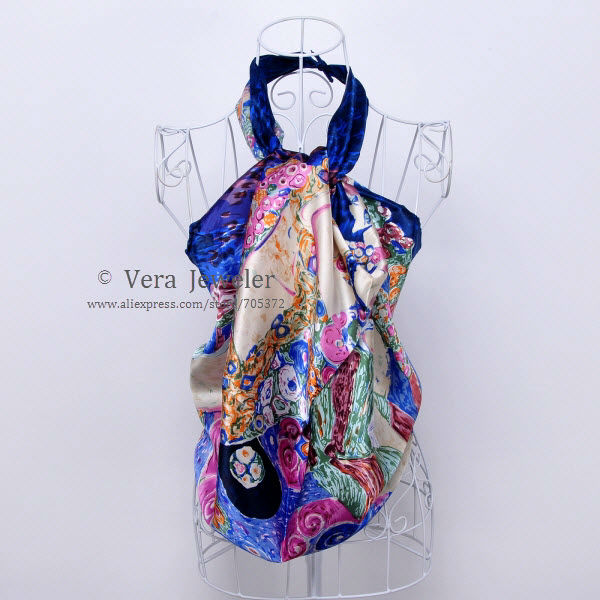 FS021211-BL 600 100% Silk Scarf Square Shawl Summer Scarf Gustav Klimt\'s Virgins Women's Scarf Head Scarves Blue Burgundy (2)