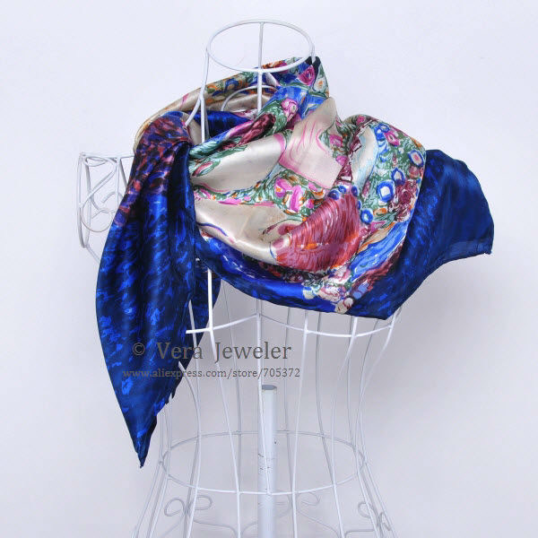 FS021211-BL 600 100% Silk Scarf Square Shawl Summer Scarf Gustav Klimt\'s Virgins Women's Scarf Head Scarves Blue Burgundy (3)