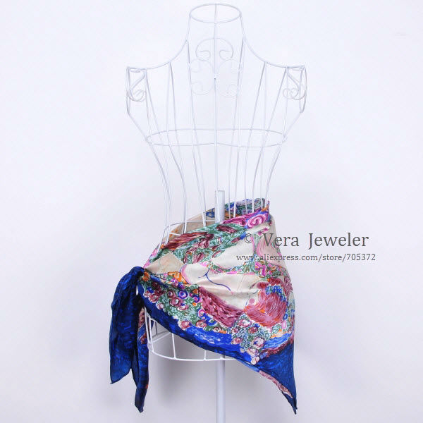 FS021211-BL 600 100% Silk Scarf Square Shawl Summer Scarf Gustav Klimt\'s Virgins Women's Scarf Head Scarves Blue Burgundy (4)