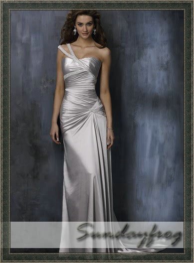  Selling Sheath OneShoulder Satin Beaded Silver Formal Dress Bridal Gown