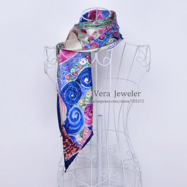 FS021211-BL 600 100% Silk Scarf Square Shawl Summer Scarf Gustav Klimt\'s Virgins Women's Scarf Head Scarves Blue Burgundy (5)