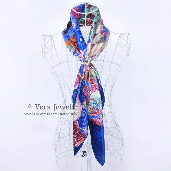 FS021211-BL 600 100% Silk Scarf Square Shawl Summer Scarf Gustav Klimt\'s Virgins Women's Scarf Head Scarves Blue Burgundy (6)