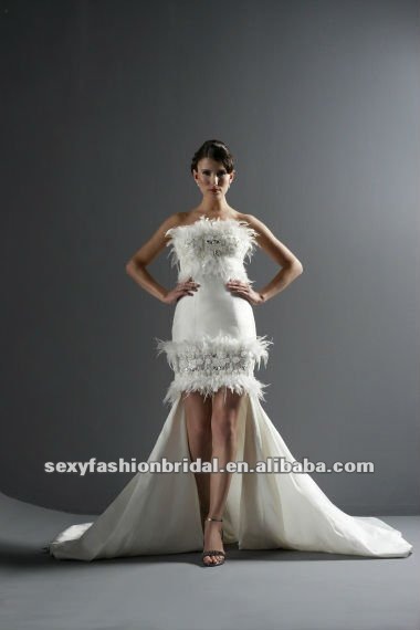strapless feather beaded accented de short wedding dress long train