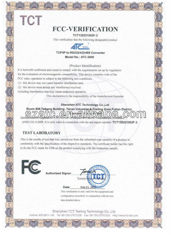 ATC-3000FC Certificate
