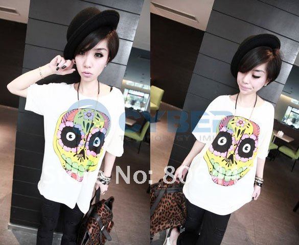 Japan Women's Cartoon Colorful Flower Skull Casual Loose Tops Tee Shirts T-Shirt Free Shipping Japan Women's Cartoon Colorful Flower Skull Casual Loose Tops Tee Shirts T-Shirt Free Shipping