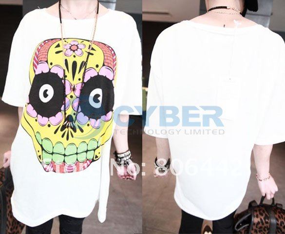 Japan Women's Cartoon Colorful Flower Skull Casual Loose Tops Tee Shirts T-Shirt Free Shipping Japan Women's Cartoon Colorful Flower Skull Casual Loose Tops Tee Shirts T-Shirt Free Shipping