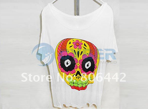 Japan Women's Cartoon Colorful Flower Skull Casual Loose Tops Tee Shirts T-Shirt Free Shipping Japan Women's Cartoon Colorful Flower Skull Casual Loose Tops Tee Shirts T-Shirt Free Shipping