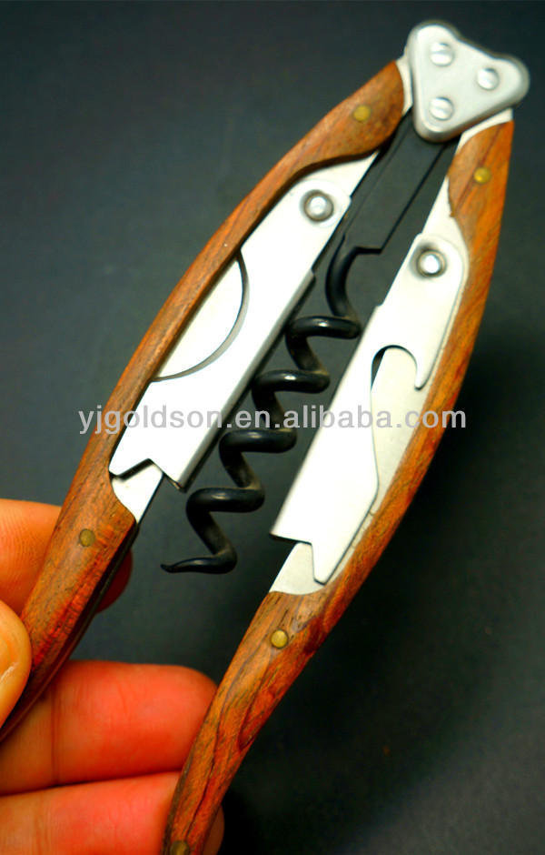 folding wooden handle red wine opener with multi using