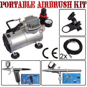 2 DUAL ACTION AIRBRUSH TATTOO NAIL CAKE COMPRESSOR KIT #1590 2 DUAL ACTION AIRBRUSH TATTOO NAIL CAKE COMPRESSOR KIT #1590