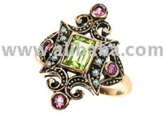 Antika Antique Engagement Ring With Peridot Pearl Pink Tourmaline Inlay