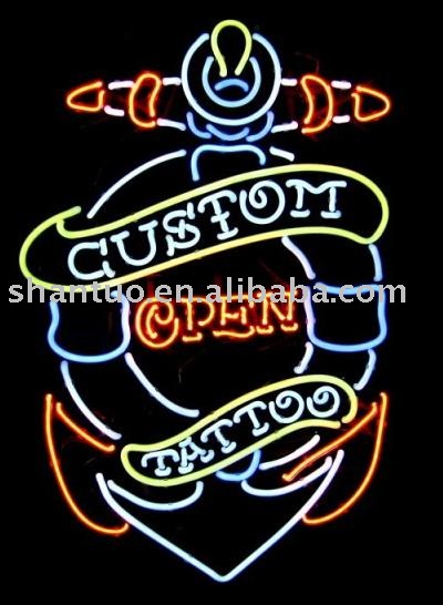 See larger image: Tattoo open neon sign with vivid logo.