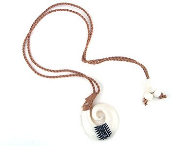 See larger image: Maori Tattoo Bone Koru Half Spiral Necklace Tan Cord.