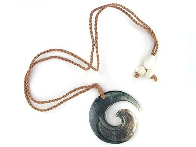 See larger image: Maori Mother of Pearl Koru Spiral Necklace Tan Cord