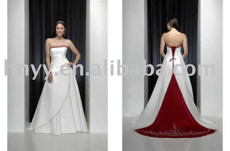 2010 satin white and red lace up bridal wedding gown