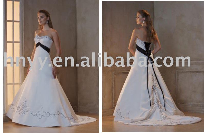 2010 satin white and black lace up bridal wedding gown
