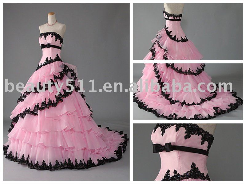 white wedding dress with black lace. layered pink lack lace