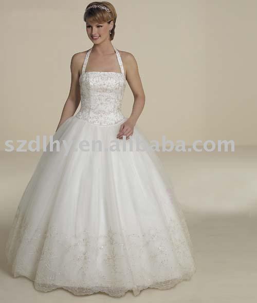Ball Gown Halter top Floor length Satin Lace Wedding dress for brides 2010