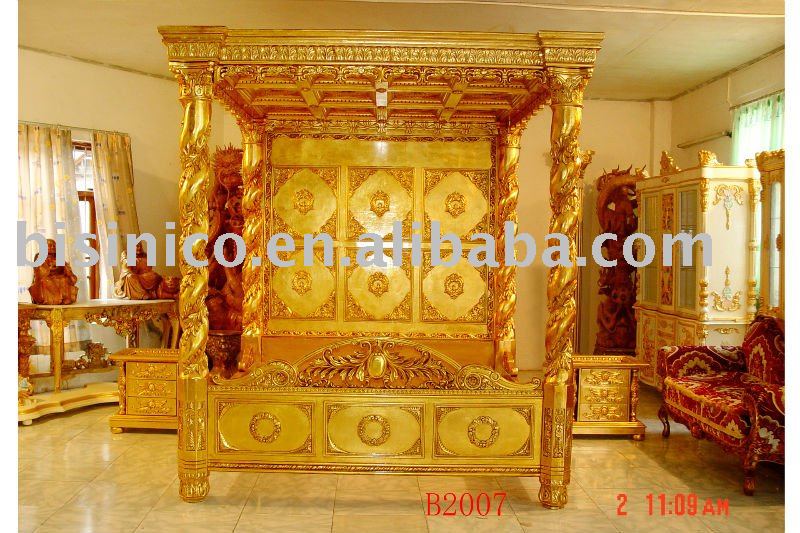 Luxury gold color hand carving wooden bedroom set, canopy king bed ...