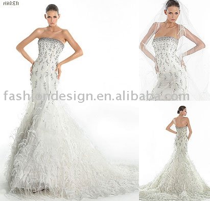 RH043 Gorgeous crystals feather strapless bridal gowns wedding dress