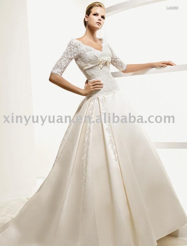 elegance and modest Vneckline middle sleeves bridal gown LSW116