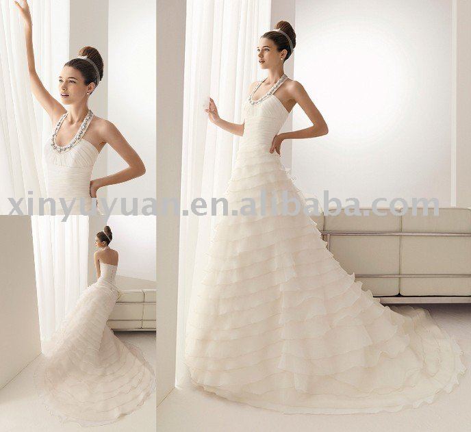 classic halter strap backless wedding gown with pleats AIW087