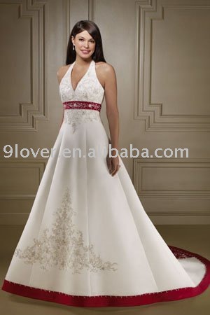 Red Trim Ivory Halter bridal dress WD106 Stuning Wedding Dress