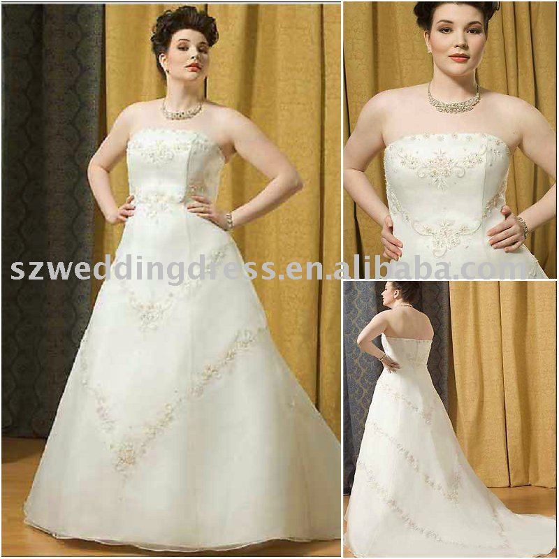 Bigger size strapless white wedding dress