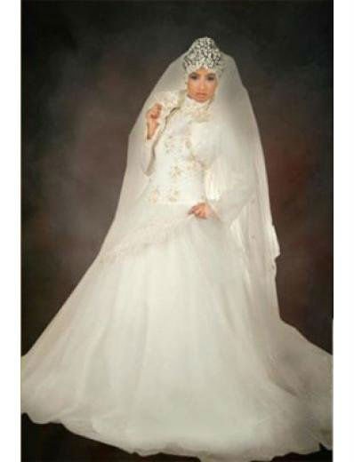 Appliqued white arabic wedding dress