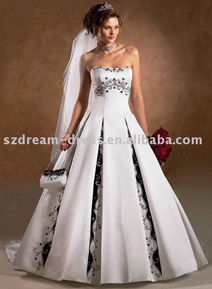 white wedding dress with black. White satin Black Embroidery