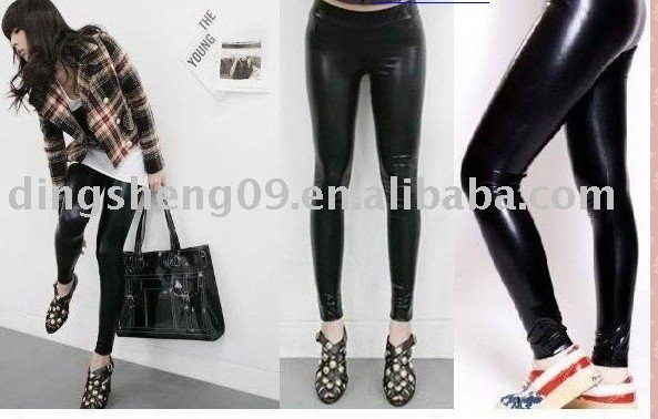 Black Ruched Latex Booty Leather Look Leggings Pants