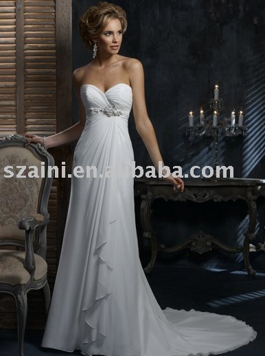 strapless beaded white chiffon beach wedding dress ANWD1142