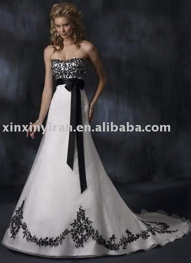 white wedding dress with black embroidered