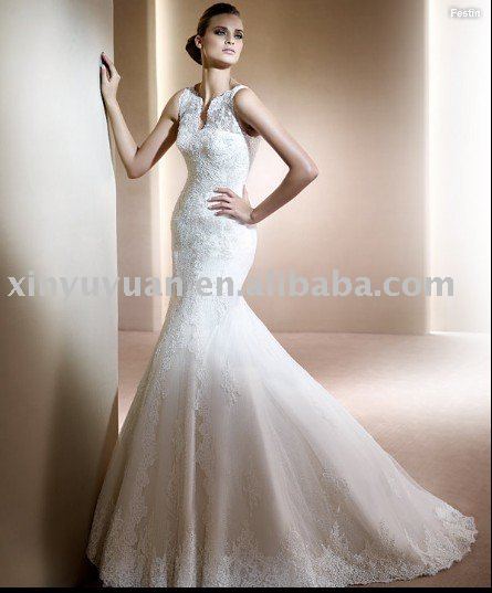 2011 New Style Wholesale Elegant Short Sleeves Lace Beading Mermaid Wedding