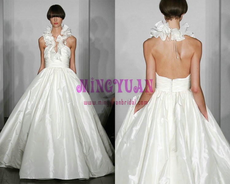 white taffeta simple design outdoor halter wedding dress ek312