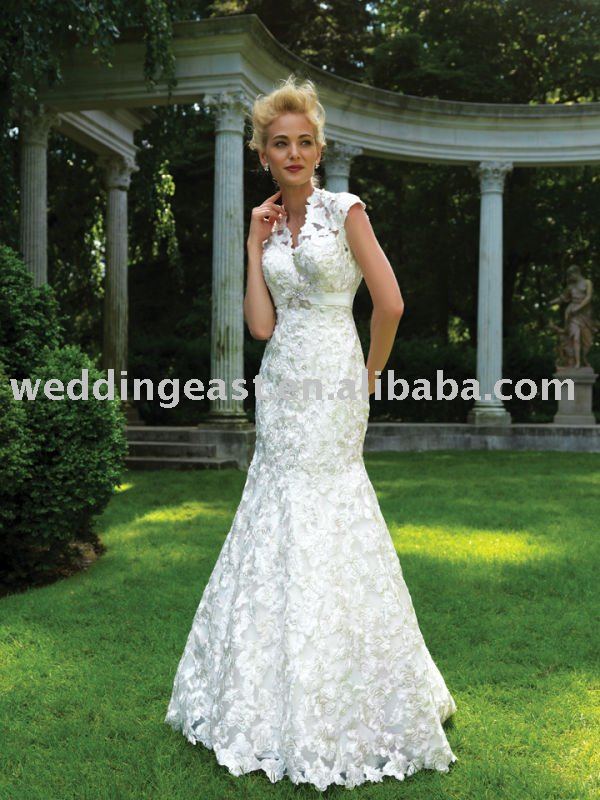 ALine Short Sleeve V Neck Lace Wedding Dress SQSM30