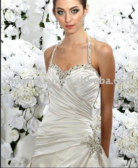 EFW495 Unique halter jeweled neckline pleated bodice pick up wedding dress