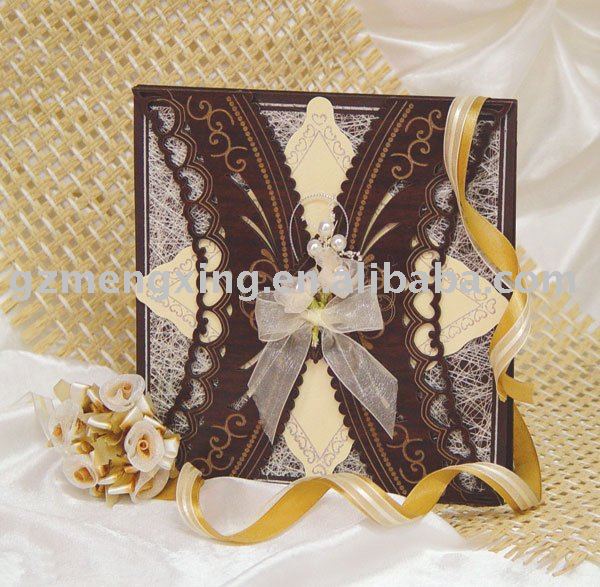 chic wedding Invitation Card with ribbon bow and pearls decorationWN027