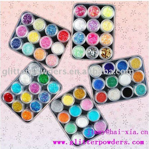 hexagon nail arts use colored glitter powder