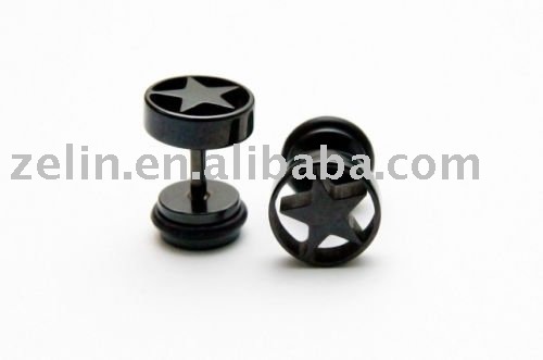 See larger image: STAR fake EAR PLUG earrings Piercing PAIR men STUD blk,ear 