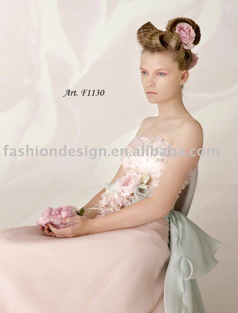 CHS016 2011 Elegant light pink organza beaded with ribbon wedding dress