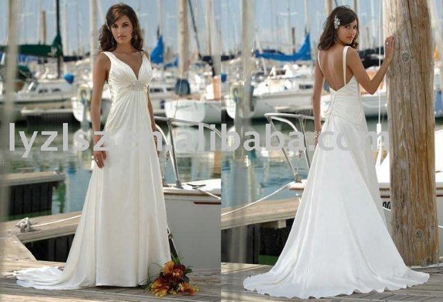 Sleek Aline vneck backless ruched floorlength satin wedding dress for