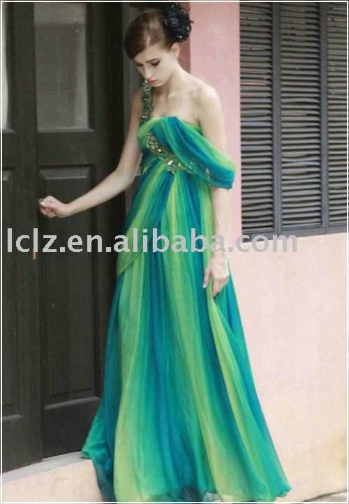 C80202 Wedding dress green empire court train dress