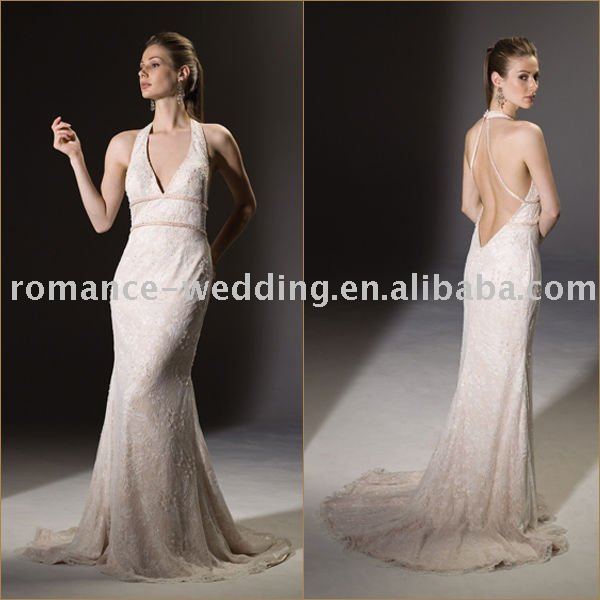 SI0089 Sexy Backless Halter Lace Wedding Gown