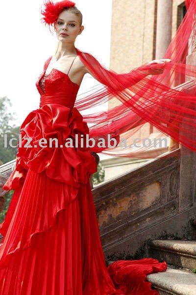 Sexy red bridal dress C80250 chapel train ruffle ball gown chinese tradition