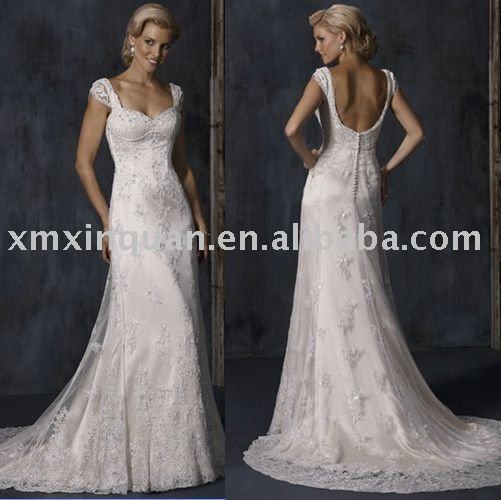 MSW428 Cap sleeve sweetheart beaded lace overlay wedding gown
