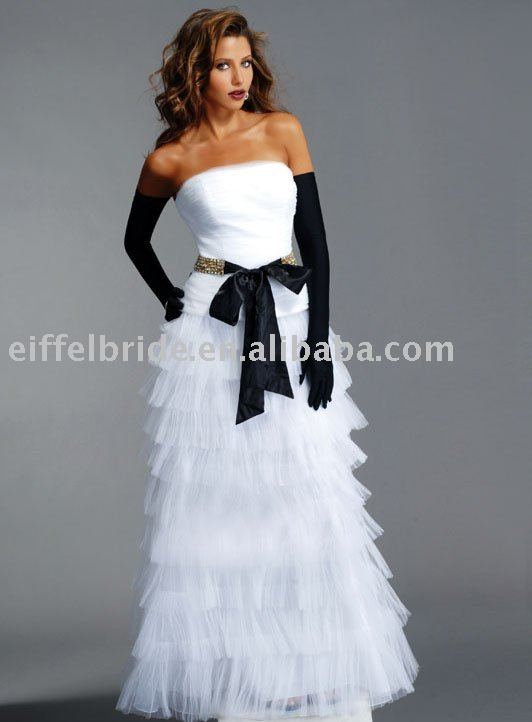 WB003 wedding dress with black butterfly tie frontstack cascading ruffle 