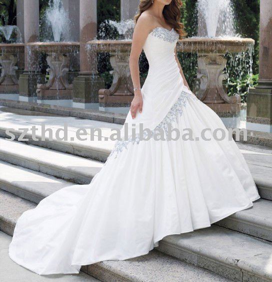 Strapless White Satin Silver Embroidered Wedding dress